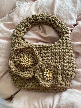 PatBO Olive Knit Mini Bag with Bead Flower Accents